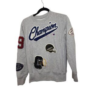 Champion Gray Crew Neck Sweater with Red and Blue Accents